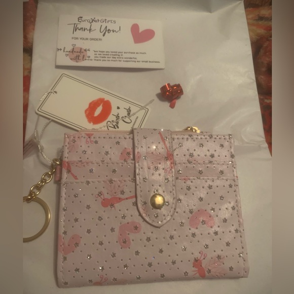 Blush Crush Handbags - Sparkly Pink Heart Card Holder with zip Coin Pouch and gold Keyring NWT